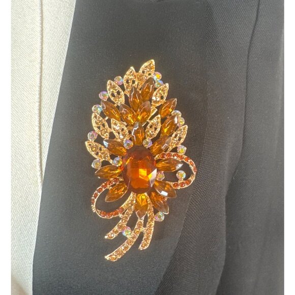 2/$30 Gold Crystal Leaf Brooch Pin With Amber & Multicolor Rhinestones - Picture 7 of 8